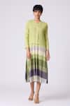Buy_Scarlet Sage_Green Polyester Round Neck, Kasey Stripe Pattern Dress With Cardigan _at_Aza_Fashions