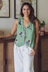 Buy_Jodi_Green Cotton Applique V-neck Emi Waistcoat _at_Aza_Fashions