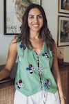 Shop_Jodi_Green Cotton Applique V-neck Emi Waistcoat _at_Aza_Fashions
