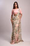 Shop_Aza X Shilpa Shetty Kundra_Pink Lurex, Georgette, Modal, Silk Leafy Print Pre-draped Saree With Blouse _at_Aza_Fashions