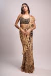 Shop_Aza X Shilpa Shetty Kundra_Beige Chiffon, Modal, Satin Beads Animal Print Pre-draped Saree With Blouse _at_Aza_Fashions