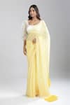 Shop_Aza X Shilpa Shetty Kundra_Yellow Georgette, Silk Satin, Animal Swirl Print Saree With Puff Sleeve Blouse _at_Aza_Fashions