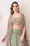 Buy_Peenacolada_Green Crepe Embroidery, Sequins, Zari Square Floral Pattern Cape And Skirt Set 