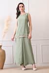 Peenacolada_Mint Embroidery, Sequins, Zari Round Neck, Open Floral Pattern Cape And Skirt Set _at_Aza_Fashions