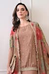 Peenacolada_Peach Chinon, Crepe Embroidery, Sequins, Zari Floral Pattern Cape And Skirt Set _Online_at_Aza_Fashions