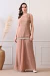 Buy_Peenacolada_Peach Chinon, Crepe Embroidery, Sequins, Zari Floral Pattern Cape And Skirt Set _Online_at_Aza_Fashions