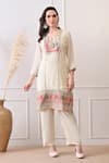Peenacolada_Cream Crepe, Chiffon Embroidery, Sequins, Zari Split Floral Pattern Kurta Set _at_Aza_Fashions