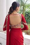 Shop_Nidhika Shekhar_Red Crepe, Silk Mirrors, Embroidery, Sequins Laal Harsh Pre-draped Saree Set _at_Aza_Fashions