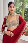 Buy_Nidhika Shekhar_Red Crepe, Silk Mirrors, Embroidery, Sequins Laal Harsh Pre-draped Saree Set 