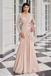 Buy_Nidhika Shekhar_Pink Chiffon Pearls, Sequins, Mirrors, Umang Pre-draped Saree With Blouse _at_Aza_Fashions