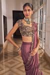 Buy_Nidhika Shekhar_Purple Crepe Sequins, Beads, Bahaar Pre-draped Saree With Embroidered Blouse _Online_at_Aza_Fashions