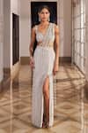 Buy_Nidhika Shekhar_Silver Georgette Pearls, Stones, Glee Embroidered Pre-draped Saree With Blouse _at_Aza_Fashions