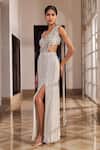 Buy_Nidhika Shekhar_Silver Georgette Pearls, Stones, Glee Embroidered Pre-draped Saree With Blouse _Online_at_Aza_Fashions