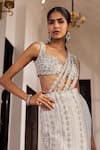 Shop_Nidhika Shekhar_Silver Georgette Pearls, Stones, Glee Embroidered Pre-draped Saree With Blouse _Online_at_Aza_Fashions