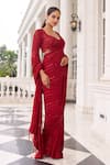 Nidhika Shekhar_Red Georgette Sequins, Zari V-neck Khushi E Laal Pre-draped Saree And Blouse Set _Online_at_Aza_Fashions