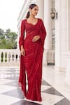 Buy_Nidhika Shekhar_Red Georgette Sequins, Zari V-neck Khushi E Laal Pre-draped Saree And Blouse Set _Online_at_Aza_Fashions