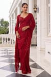 Buy_Nidhika Shekhar_Red Georgette Sequins, Zari V-neck Khushi E Laal Pre-draped Saree And Blouse Set _at_Aza_Fashions