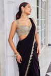 Nidhika Shekhar_Black Crepe Mirrors, Sequins, Zari Ullasat Work Pre-draped Saree And Blouse Set _Online_at_Aza_Fashions