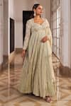 Nidhika Shekhar_Gold Organza, Net Pearls, Sequins, Umang Embroidered Anarkali With Dupatta _Online_at_Aza_Fashions