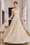 Buy_Nidhika Shekhar_Beige Georgette, Net Embroidery, Pearls, Sequins, Ullas Anarkali With Dupatta _at_Aza_Fashions