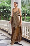 Nidhika Shekhar_Brown Georgette, Net Sequins, Beads, Zari, Embroidery Floral Kurta Sharara Set _Online_at_Aza_Fashions