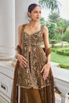 Nidhika Shekhar_Brown Georgette, Net Sequins, Beads, Zari, Embroidery Floral Kurta Sharara Set _at_Aza_Fashions