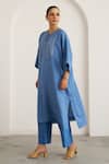 Vaaya_Blue Silk, Silk, Embroidery Split V-neck Kaftan With Pant _Online_at_Aza_Fashions
