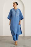 Buy_Vaaya_Blue Silk, Silk, Embroidery Split V-neck Kaftan With Pant _at_Aza_Fashions