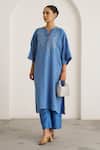 Buy_Vaaya_Blue Silk, Silk, Embroidery Split V-neck Kaftan With Pant _Online_at_Aza_Fashions