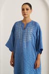 Shop_Vaaya_Blue Silk, Silk, Embroidery Split V-neck Kaftan With Pant _Online_at_Aza_Fashions