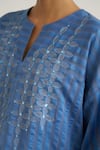 Vaaya_Blue Silk, Silk, Embroidery Split V-neck Kaftan With Pant _at_Aza_Fashions