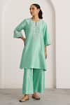 Buy Vaaya Aqua Silk, Silk, Embroidery Split V-neck Kurta Set Online at Aza Fashions Buy_Vaaya_Aqua Silk, Silk, Embroidery Split V-neck Kurta Set _Online_at_Aza_Fashions