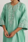 Vaaya Aqua Silk, Silk, Embroidery Split V-neck Kurta Set at Aza Fashions Vaaya_Aqua Silk, Silk, Embroidery Split V-neck Kurta Set _at_Aza_Fashions