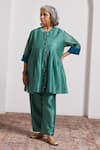 Buy_Vaaya_Teal Silk, Silk, Embroidery Pinstripe Pattern Kurta With Pant _at_Aza_Fashions