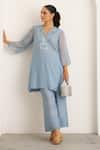 Buy Vaaya Sky Blue Chanderi Embroidery, Sequins V-neck Mul Kurta With Pant at Aza Fashions Buy_Vaaya_Sky Blue Chanderi Embroidery, Sequins V-neck Mul Kurta With Pant _at_Aza_Fashions