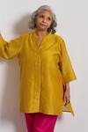 Buy_Vaaya_Yellow Chanderi, Silk Embroidery, Mirrors Mandarin Collar, Split Sarson Top _at_Aza_Fashions