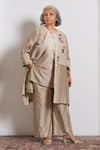 Buy_Vaaya_Beige Silk, Chanderi, Hemp Embroidery, Sequins, Patchwork Jacket And Pant Set _at_Aza_Fashions