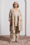 Shop_Vaaya_Beige Silk, Chanderi, Hemp Embroidery, Sequins, Patchwork Jacket And Pant Set _Online_at_Aza_Fashions
