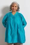Buy_Vaaya_Blue Chanderi Silk Smocking Split V-neck Ferozi Top _at_Aza_Fashions