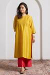Buy_Vaaya_Yellow Chanderi Silk Embroidery, Sequins Round Neck Sarson Kurta _at_Aza_Fashions