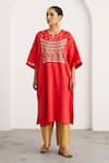 Vaaya Red Chanderi Silk Embroidery, Sequins, Beads Round Neck Watermelon Kurta at Aza Fashions Vaaya_Red Chanderi Silk Embroidery, Sequins, Beads Round Neck Watermelon Kurta _at_Aza_Fashions