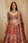 Buy_Roqa_Red Silk, Net Embroidery, Sequins, Zari V-neck Zinah Bridal Lehenga Set _Online_at_Aza_Fashions