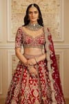 Roqa_Red Silk, Net Embroidery, Sequins, Zari V-neck Zinah Bridal Lehenga Set _at_Aza_Fashions