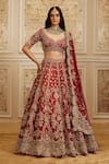 Buy_Roqa_Red Silk, Net Embroidery, Sequins, Zari V-neck Zinah Bridal Lehenga Set 
