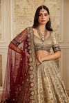 Roqa_Gold Silk, Net Embroidery, Zari, Sequins V-neck Mahran Bridal Lehenga Set _Online_at_Aza_Fashions
