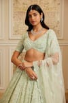 Roqa_Green Net Embroidery, Sequins, Beads V-neck Tajira Sea Bridal Lehenga Set _Online_at_Aza_Fashions