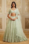 Roqa_Green Net Embroidery, Sequins, Beads V-neck Tajira Sea Bridal Lehenga Set _at_Aza_Fashions
