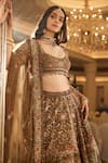 Roqa_Olive Green Net Embroidery, Sequins, Zari Scoop Reehana Bridal Lehenga Set _at_Aza_Fashions