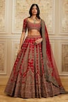 Buy_Roqa_Red Silk, Net Zari, Sequins, Embroidery Scoop Neck Safira Bridal Lehenga Set _at_Aza_Fashions