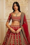 Roqa_Red Silk, Net Zari, Sequins, Embroidery Scoop Neck Safira Bridal Lehenga Set _Online_at_Aza_Fashions